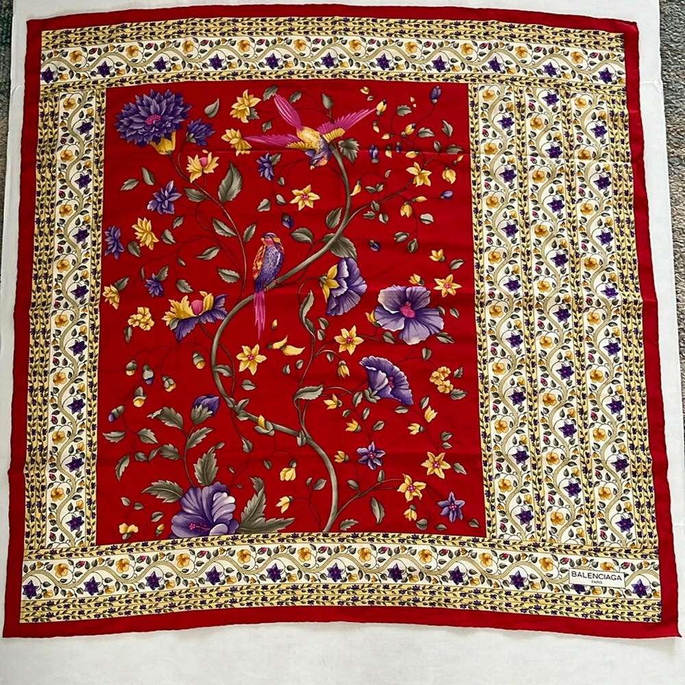 Balenciaga Red Floral Bird Silk Scarf